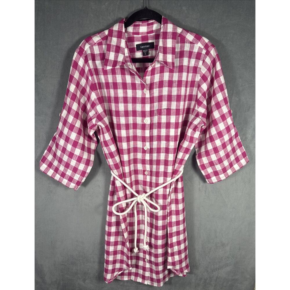 Karen Kane Size XL Linen Pink & White Check Button-Up Rope Belt Shirt Dress